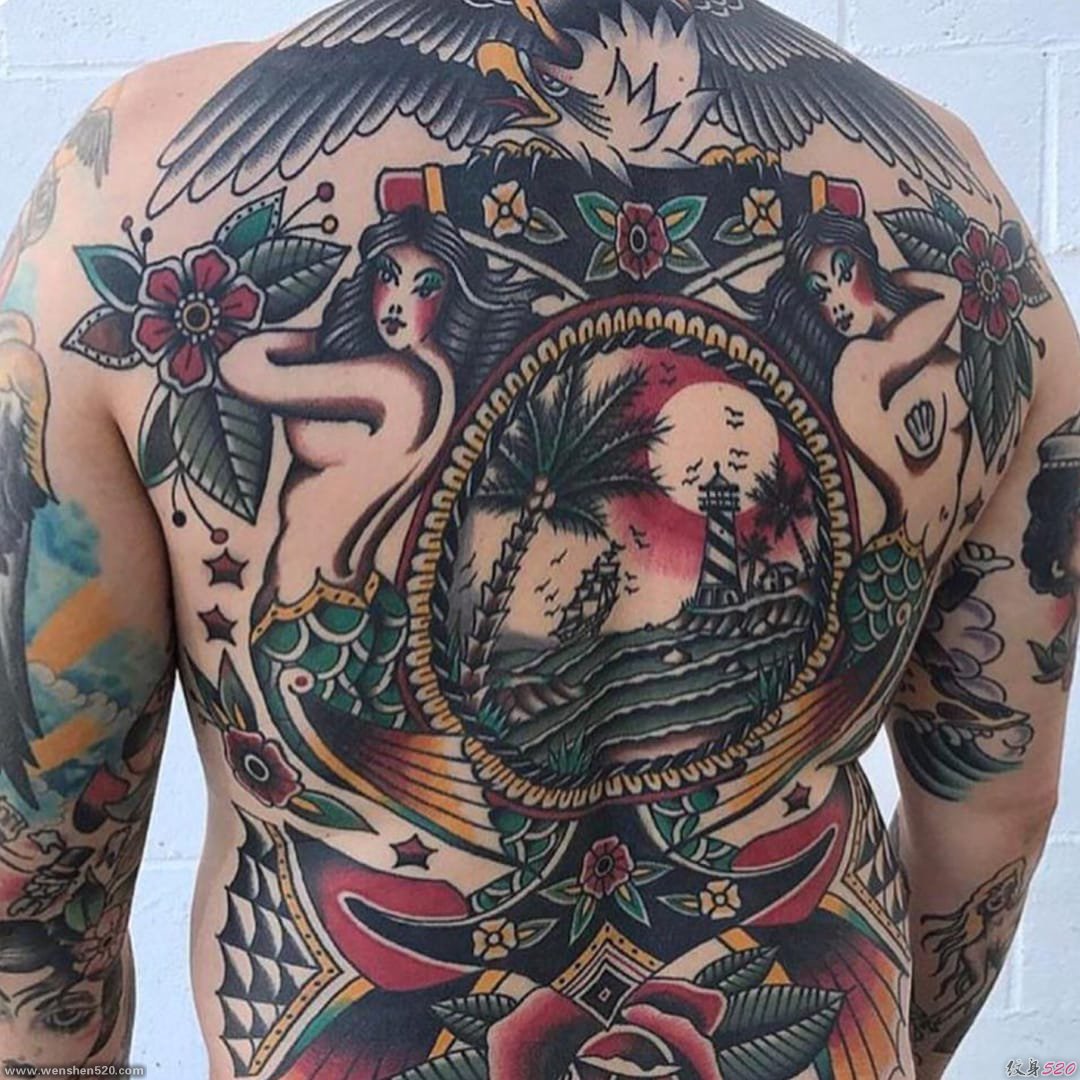 大面积满背中国传统纹身动物和人物纹身图案