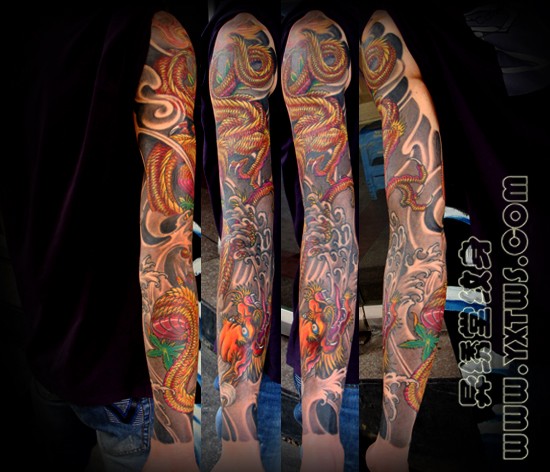一组霸气的彩色花臂纹身图案