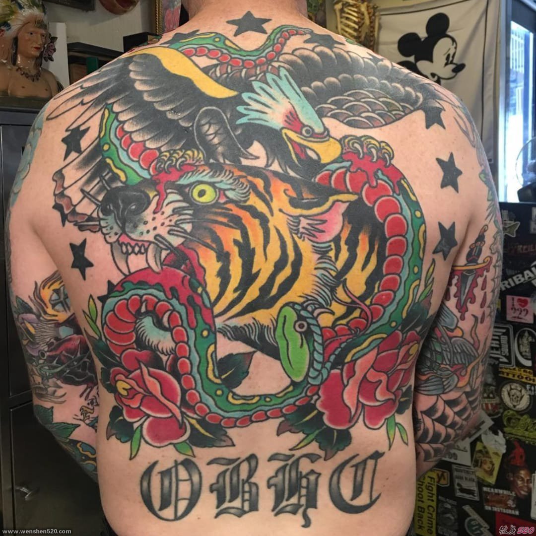 彩色的中国传统纹身动物和鬼怪纹身图案