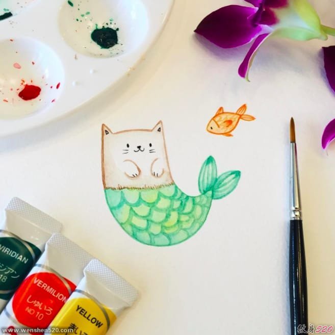 14款彩色纹身动物猫脸纹身美人鱼纹身图案大全图片