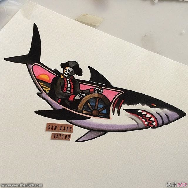 彩色大海风景纹身动物解剖鲨鱼纹身手稿图案