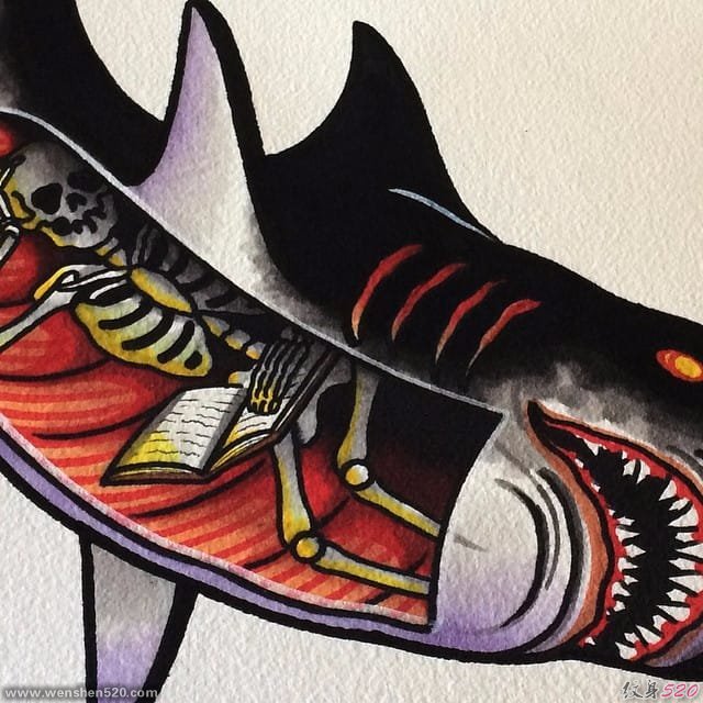 彩色大海风景纹身动物解剖鲨鱼纹身手稿图案