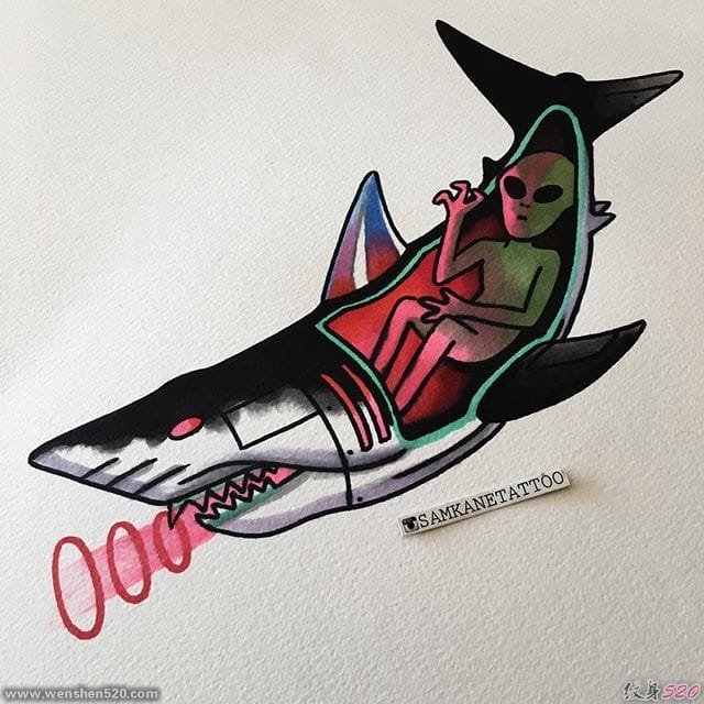 彩色大海风景纹身动物解剖鲨鱼纹身手稿图案