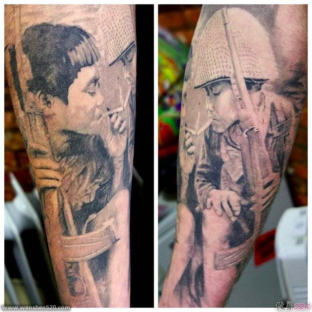 黑灰色点刺纹身人物肖像纹身战争场景纹身图案