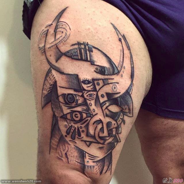 简单个性线条纹身动物公牛头纹身和毕加索纹身图案