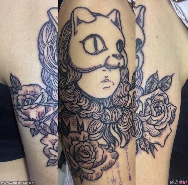 手臂黑色粗线条纹身玫瑰花围绕猫面具女孩纹身图片
