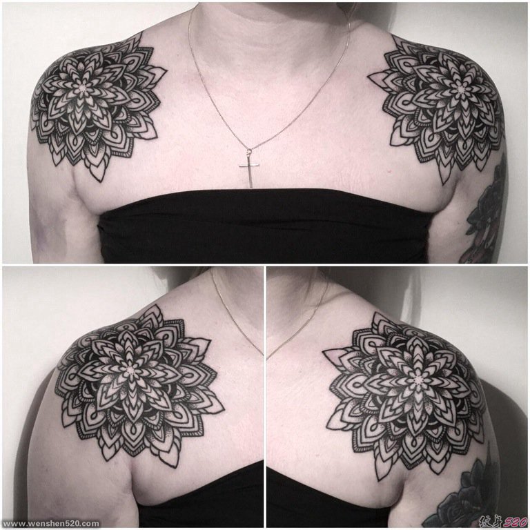 女性肩膀上黑色几何纹身曼陀罗图案纹身