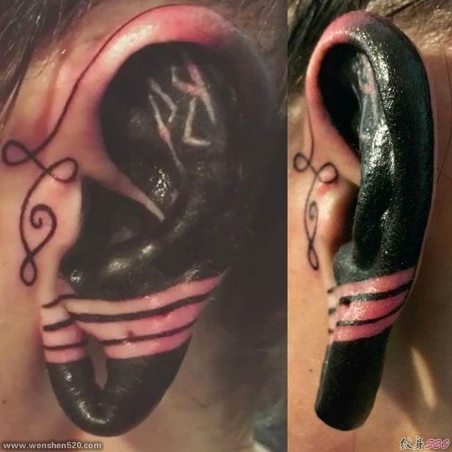 黑色面部个性纹身耳朵上线条几何纹身图案