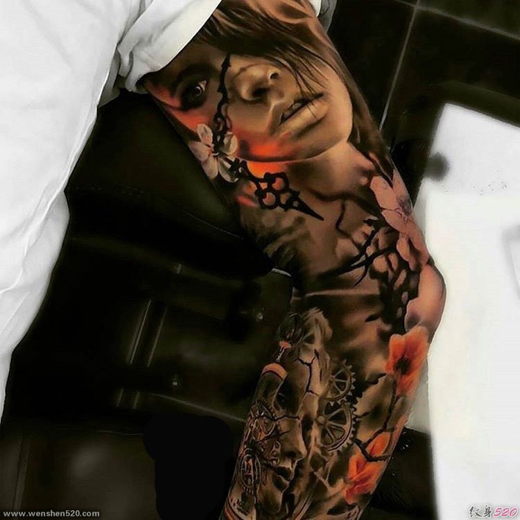 22款黑灰色的欧美满臂纹身时尚花臂纹身图案
