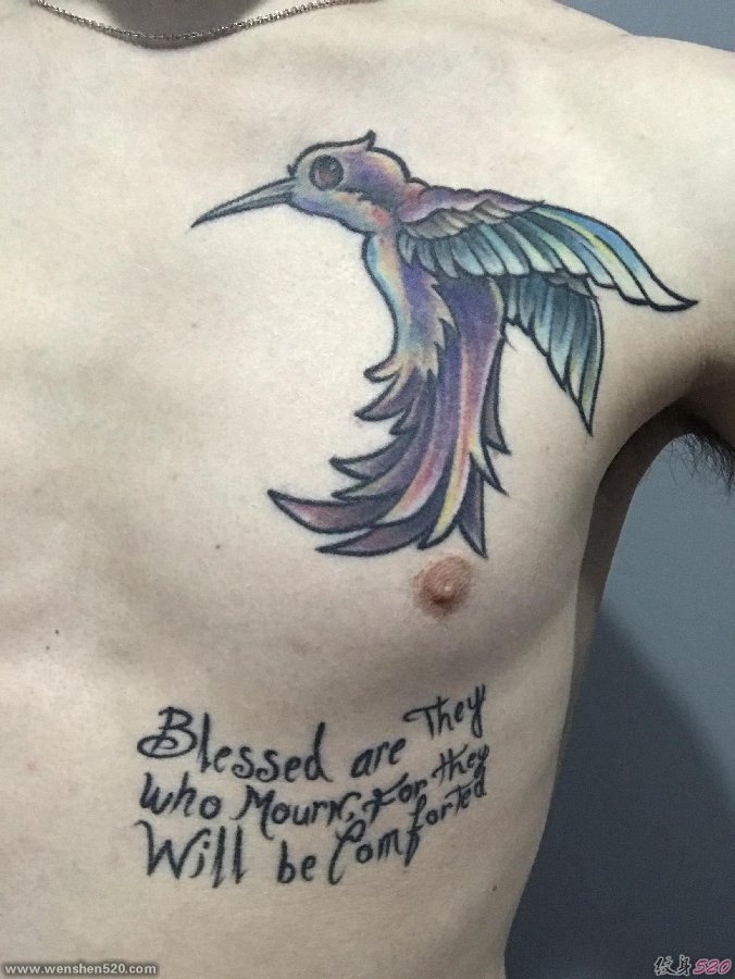 男子左侧胸部上漂亮的蜂鸟和英文字纹身