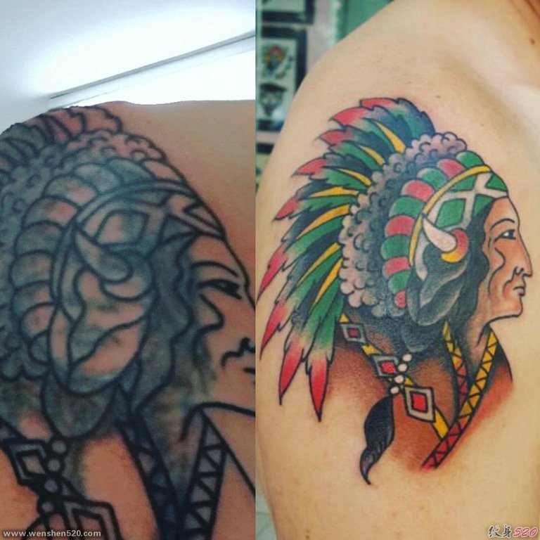右肩膀上的彩色印第安风格人物纹身