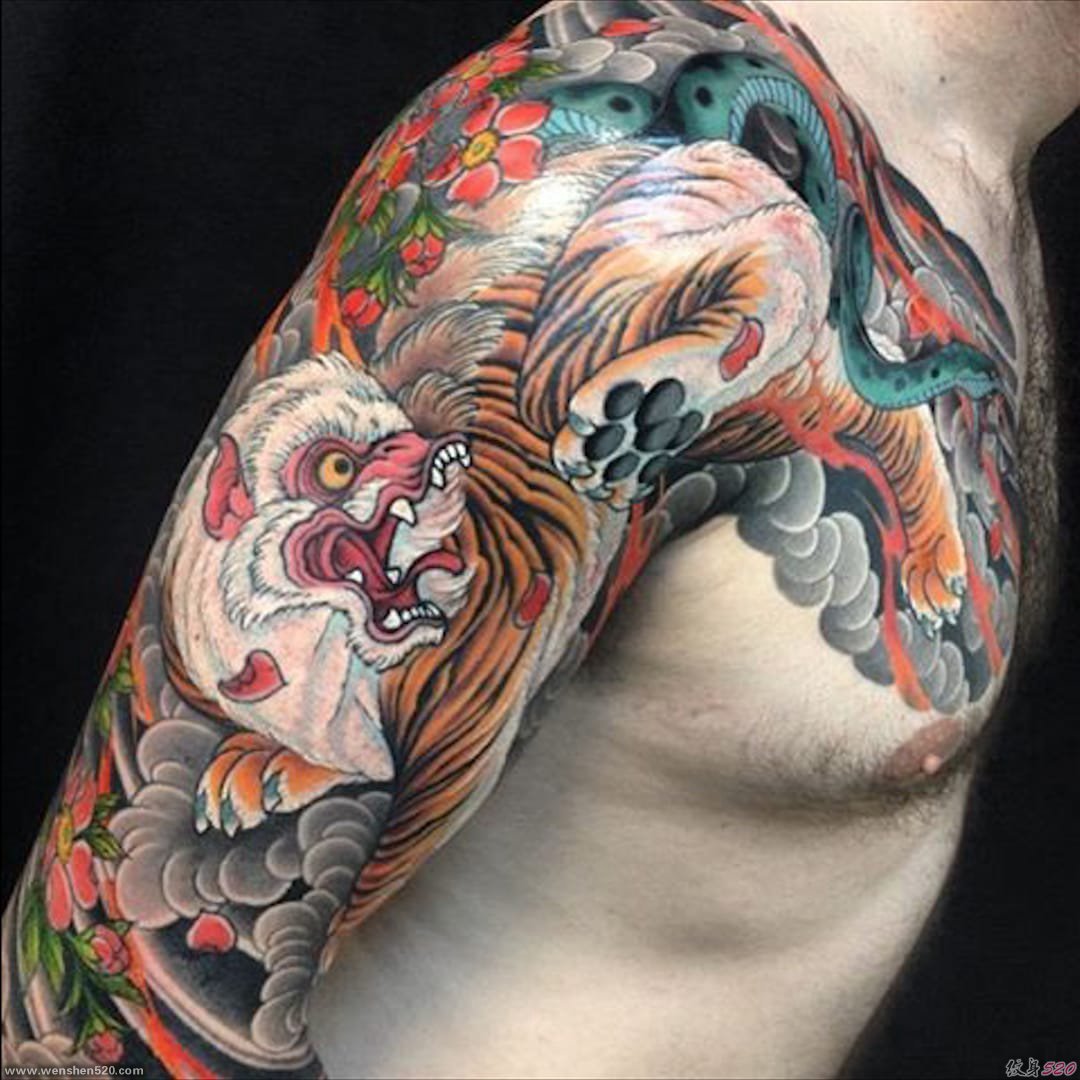 日式纹身花臂彩色传统纹身神话人物和动物纹身图案