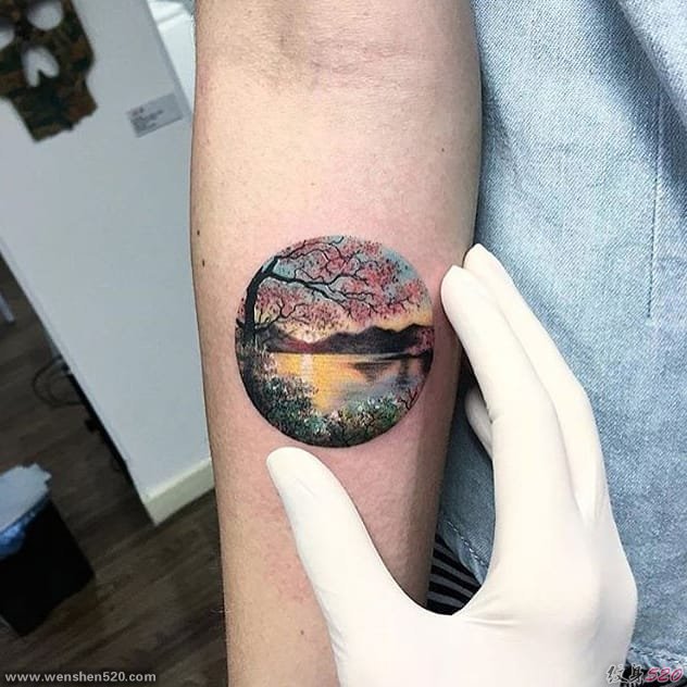 手臂上彩色纹身圆形图案风景纹身图案