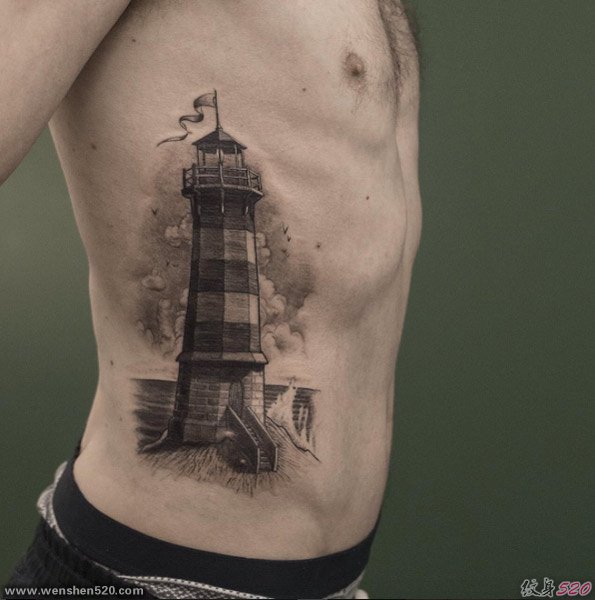 男性黑色的简易纹身素描小灯塔纹身点刺技巧纹身图案