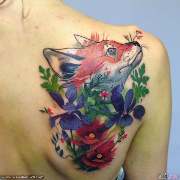 26款彩色狐狸纹身简单线条纹身水彩小动物纹身图案