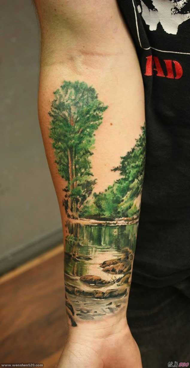 彩色的手臂山水纹身花朵纹身风景大自然植物纹身图案