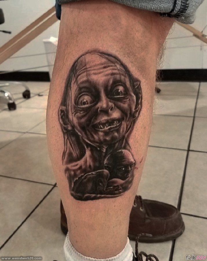 黑灰色恐怖纹身电影人物肖像纹身素描技巧咕噜纹身图片