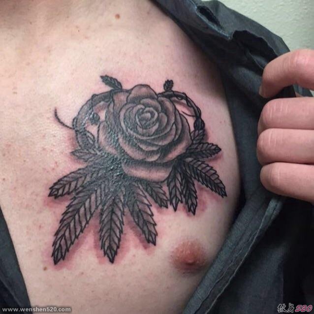 男生胸部纹身黑白灰风格文艺花朵纹身小清新植物纹身图片