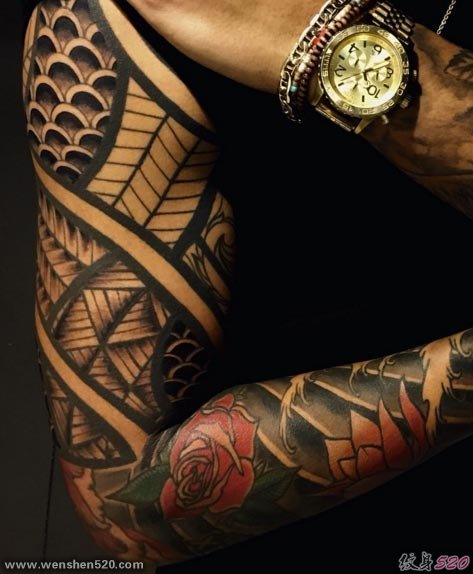 黑色几何线条纹身点刺技巧花臂半甲纹身男士霸气纹身图案