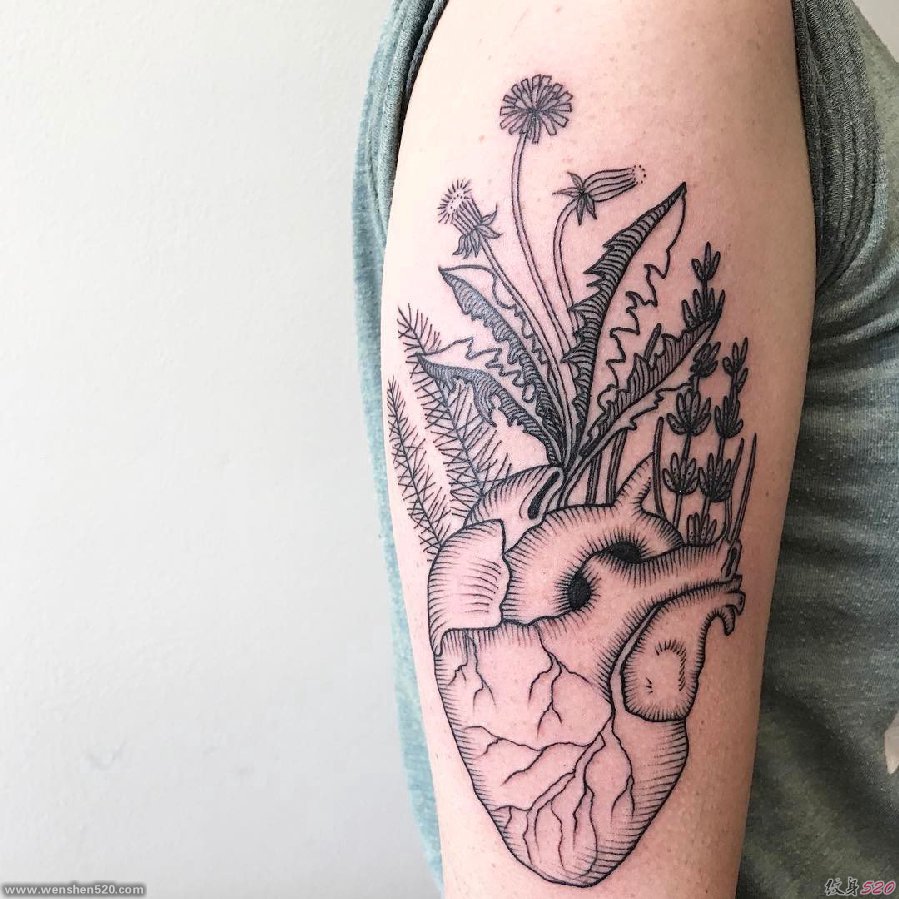 手臂上纹身黑白灰风格植物纹身素材机械心脏纹身图片