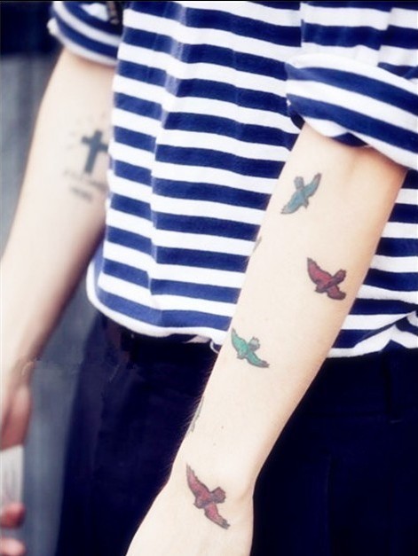 男人手臂彩色鸽子漂亮意境刺青
