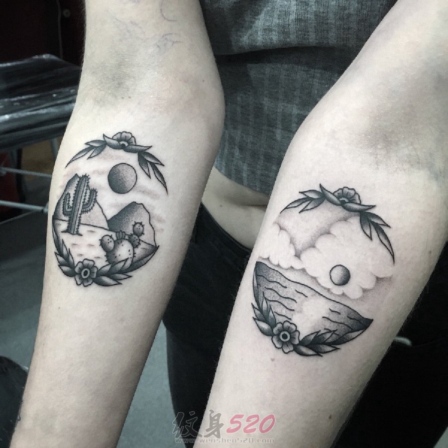 手臂上纹身黑白灰风格点刺纹身植物纹身素材花朵纹身风景图片