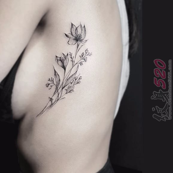 一组女生黑白纹身点刺技巧简约线条纹身植物纹身素材花朵纹身图案