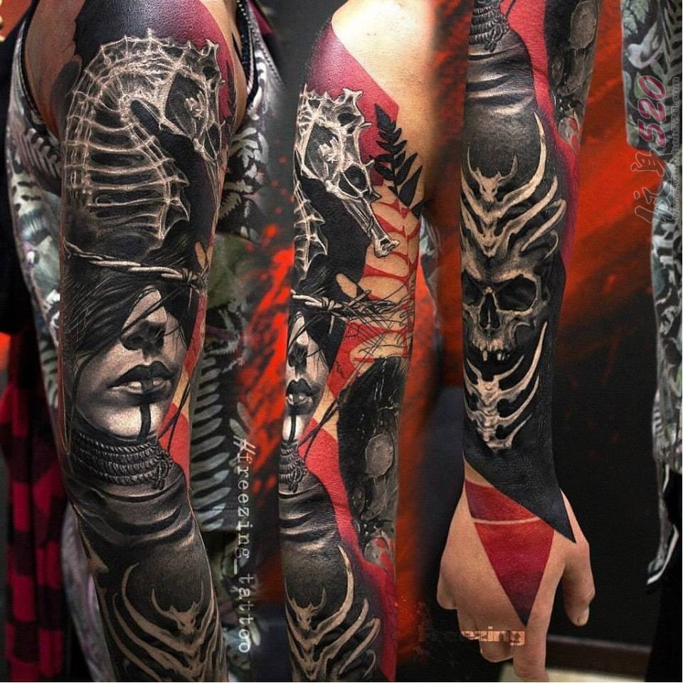 一组以红色背景的人物肖像纹身和动物纹身图案大全