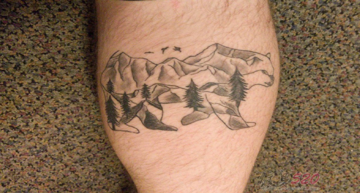 小腿上纹身黑白灰风格几何元素纹身点刺技巧山水纹身风景图和动物纹身图片