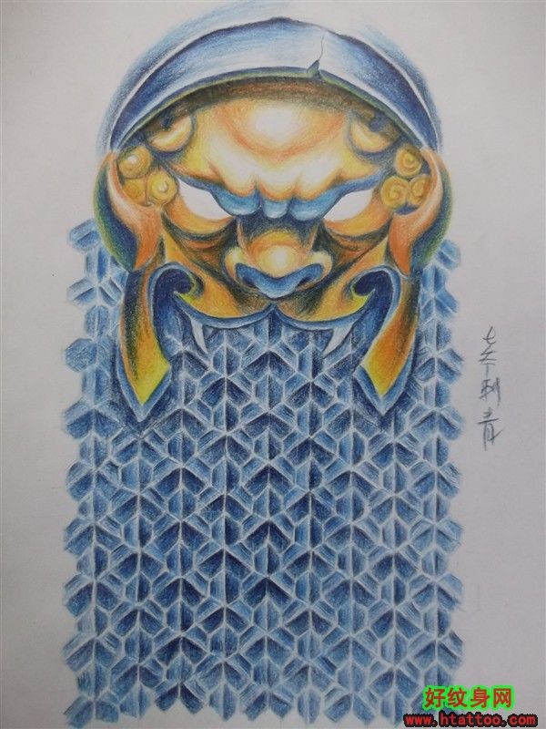 青铜面具和蓝色底纹组合的纹身手稿