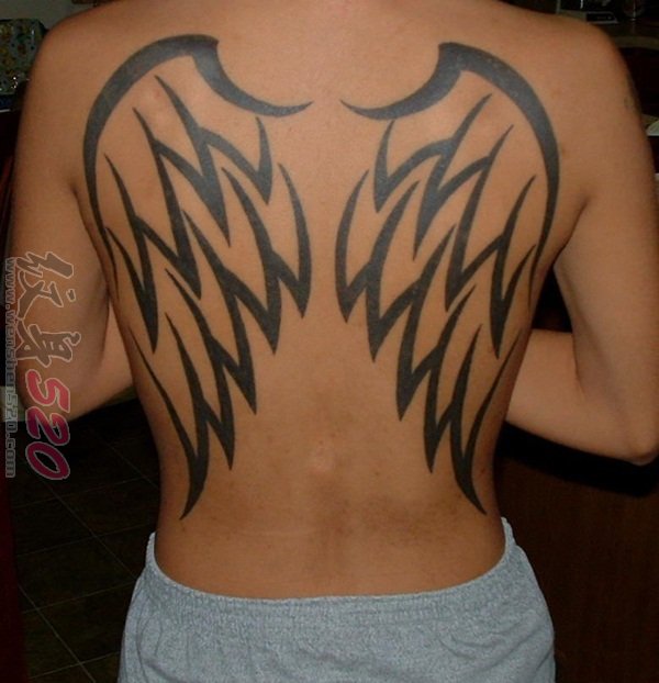 黑白个性的简单线条天使翅膀纹身图案