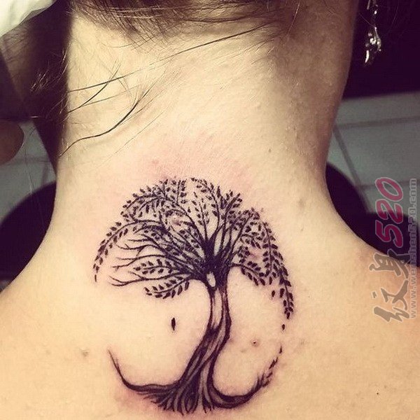 女生颈后黑白文艺小清新纹身图案