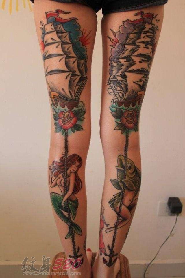 女生小腿上漂亮的彩色抽象个性纹身图案