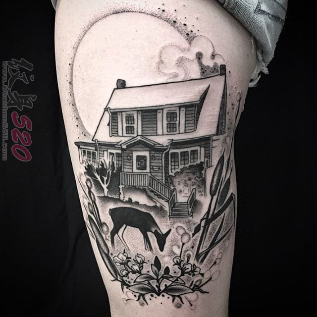 创意黑白线条点刺技巧房屋建筑纹身图案