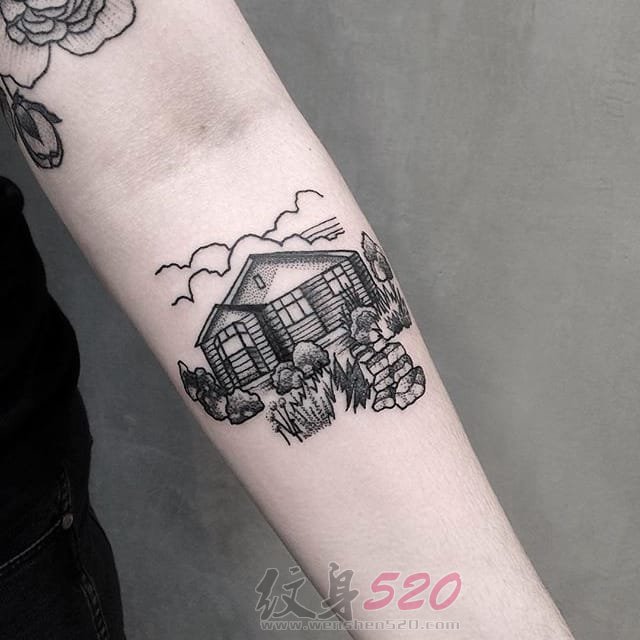 创意黑白线条点刺技巧房屋建筑纹身图案