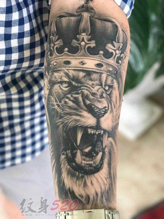 男生手臂上黑白动物点刺技巧狮子纹身图片