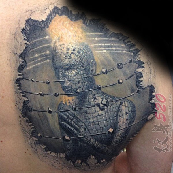 男生手臂上黑灰3d石裂创意纹身图案