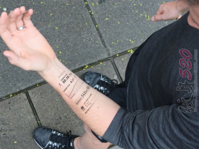 男生手臂上黑色简约运动记录电子纹身图片