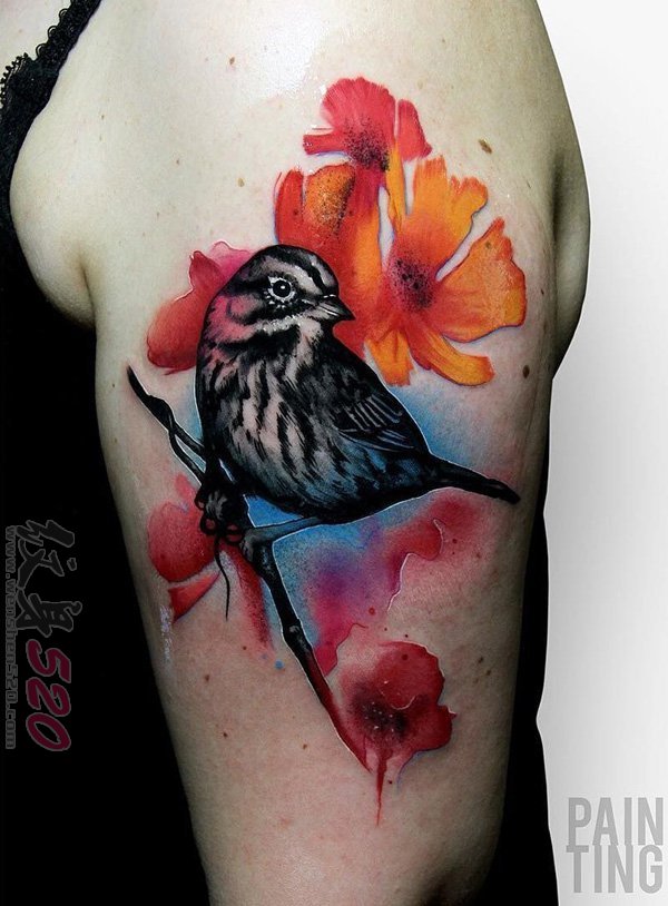 一组关于小动物小鸟的彩绘水彩泼墨纹身图案