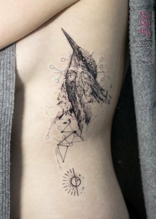 多款个性黑色点刺技巧抽象线条小鸟纹身图案