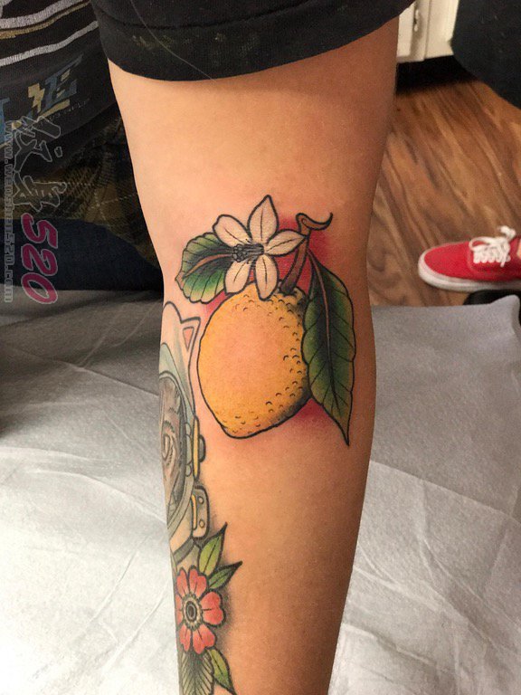 女生小腿上彩绘植物素材花朵和柠檬纹身图片