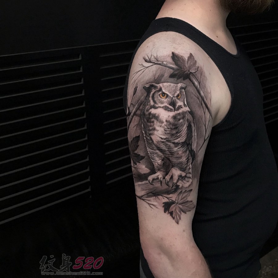男生手臂上黑灰素描创意霸气猫头鹰纹身图片