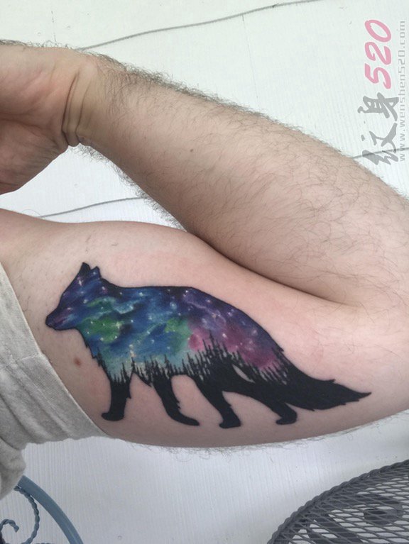 男生手臂上彩绘狼与星空纹身图片