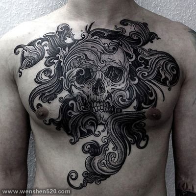 胸口上黑色线条素描创意个性纹身图案