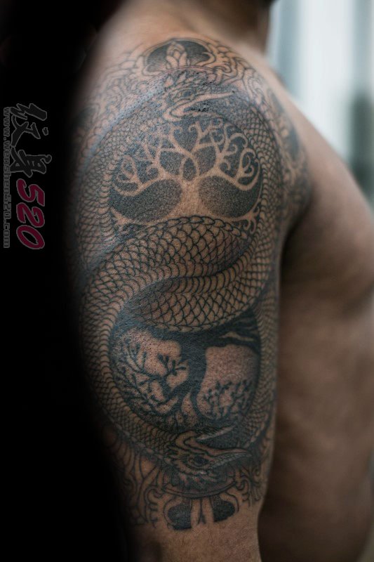男生手臂上黑色素描创意个性霸气蛇纹身图片