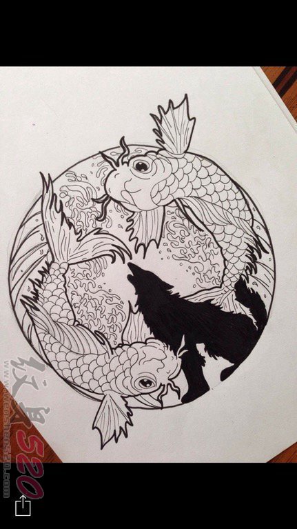 创意黑灰色浪花鲤鱼与狼匹纹身手稿素材