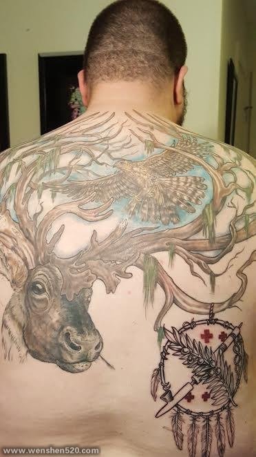 男生满背彩绘创意麋鹿、小鸟与捕梦网纹身图片