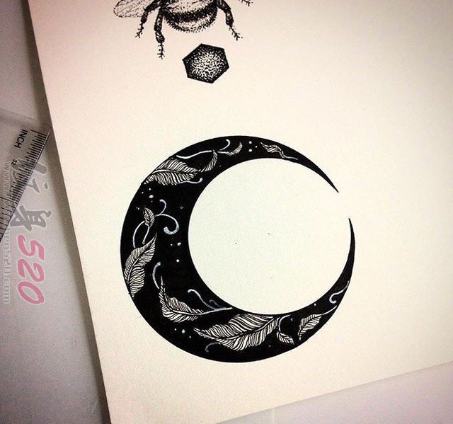 黑色素描创意树叶月亮文艺小清新唯美纹身手稿