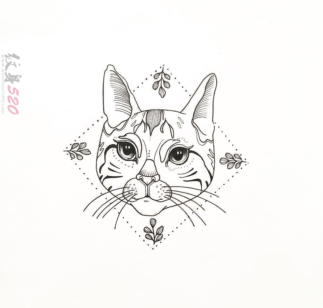 黑色素描几何元素菱形树叶框中创意花纹猫咪纹身手稿