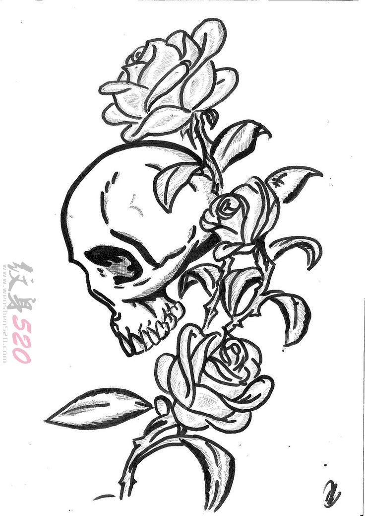 黑色的玫瑰花和骷髅头的简单线条纹身手稿素材
